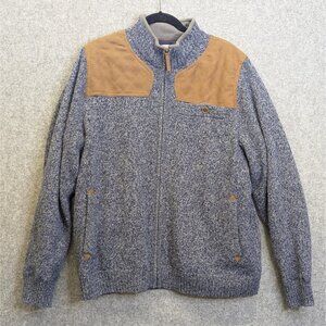 Duluth Men’s Full-Zip Wool Sweater Jacket Blue Gray Faux Leather Trim Size Large